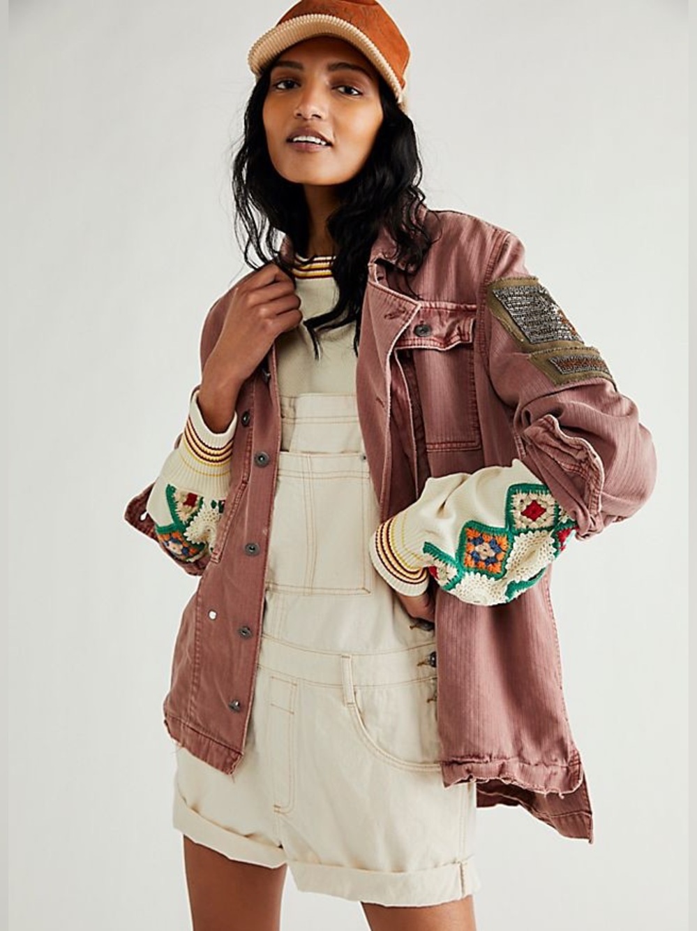 Free People Embellished Military Style Shirt Jacket Size XS Pink Dusty Rose